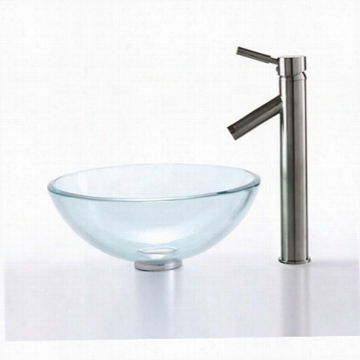 Kraus C-gv-101-14-12mm-1002n 14&qu Ot;" Clear Glass Vessel Sink And Sheven Faucet In Satin Nikel