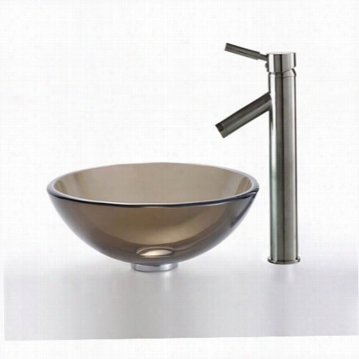 Kraus C-gv-103-14-12mm-1002sn 14&quo;tquot; Clear Brown Glass Vessel Sink And Sheven Faucet In Satin Nickel