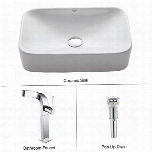 Kraus C-kcv-122-15100c  White Rectangular Ceramic Sink And Typhon Faucet In Chrome