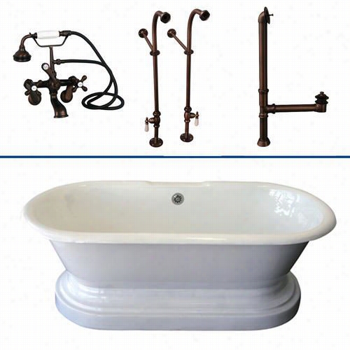 Barclay Tkctdrnb 67"" Cast Iron No Hooles Double Roll Top Bathtub Kit In White With Metal Cross Hadle And Base