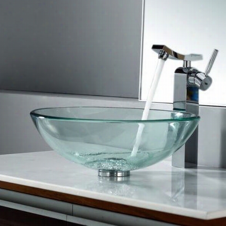 Kraus C-gv-101-19mm-14300ch 17"" Clea Glass Vesseel Sink And Unicus Faucet In Chrome