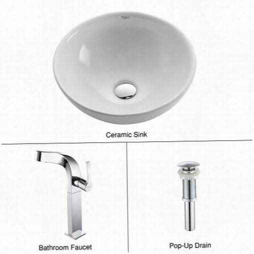 Kraus C-kcv-141-15100ch White Round Ceramic Sink And Typhon  Faucet In Chrome