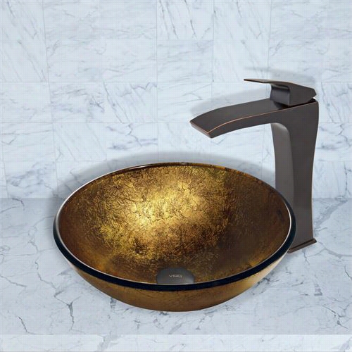 Vigo Vgt388 Liqudi Gold Glass Vessel Sink And Blackstonian Faucet Set In Antique Rubbed Bronze