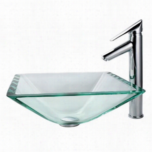 Kraus C-gvs-901-19mm-1800ch Clear Aquamarine Glass Vessel Sink And Decus Bathroom  Faaucet Chrome