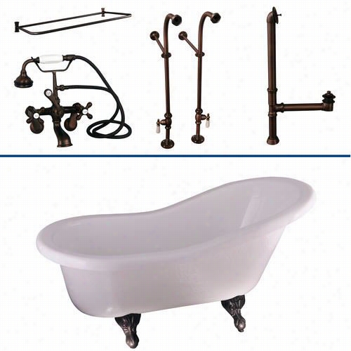 Barcay Tkats60-w 60""; Acrylic Slipper Bathtub Kit In White Upon Metal Cross Handles And Rectangular Shower Ring