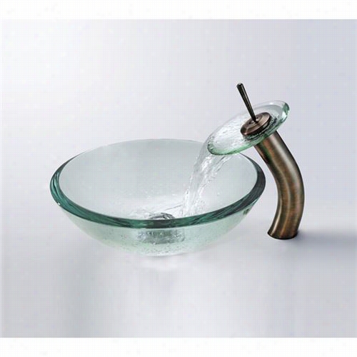 Kraus  C-gv-101-19mm-10orb 199mm Thick Clear Glass  Vessel Sink And Waterfall Faucet In Oilr Ubbed Bronze