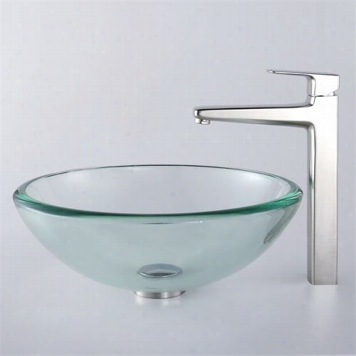 Kraus C-gv-101-19mm-15500bn Clearr 19mm Thick Glass Vessel Sink Nnd Virtus Faucet In Brushed Nickel