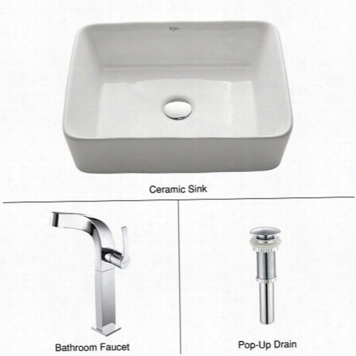 Kraus  C-kcv-121-15100ch White Rectangular Cermic Sink An D Typhon Faucet In Chrome