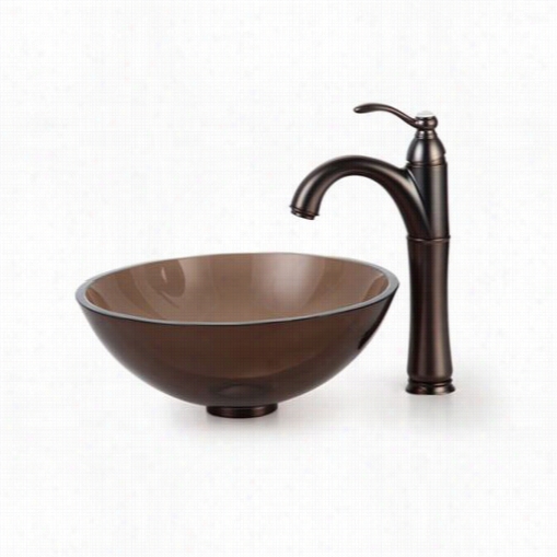 Kraus C-gv-103-14-1m2mm-1005orb 14"&suot; Clear Brown Glass Vessel Sink Adn Riviera Faucet In  Oil Rubbed Bronze