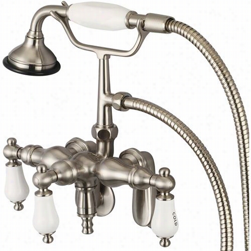 Water Appointment F6-0018-02 Vintage Classic Adjustable Center Wall Mount Tub Faucet Ith Down Spout, Swivel Wall Connector And Handheld Showe In Brushed Nckel