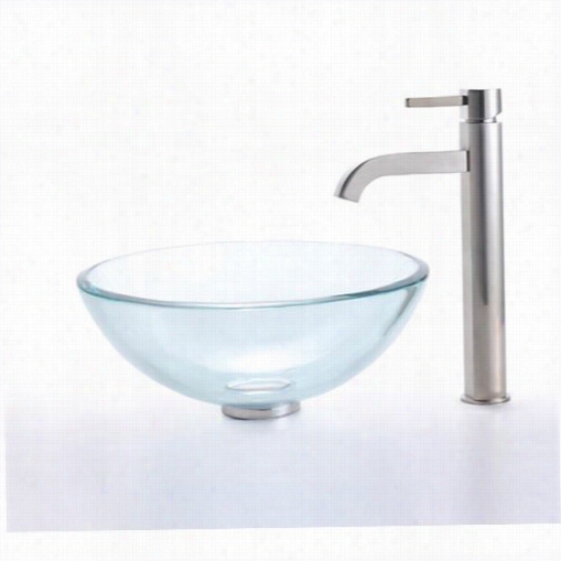 Kraus C-gv-101-19mm-1007sn 19mm Thick Clear Glass Vessel Sink And Ramus Faucet In Satin Nickel