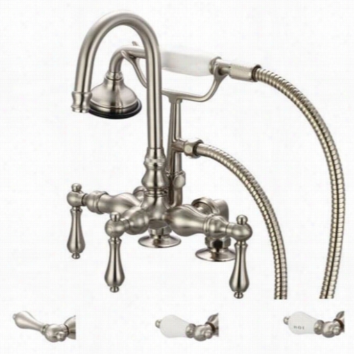 Water Creation F6-0013-02 Vintage Classic 3-3/8"" Center Dcek Embellish Tub Faucet With Gooseneck Spout, 2quot;&quuot; Risers And Handheld Shower In Brushed Nickel