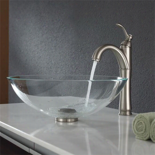 Kraus C-gv-100-12mm-1005sn Crystal Clear Glass Vessel Sink And Riviera Faucet In Satin Nickel