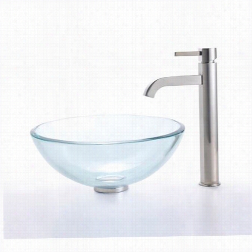 Kraus C-gv-101-14-12mm-1007sn 14"" Clear Glass Vessel Sink And Raamus Faucet In Satin Nifkel