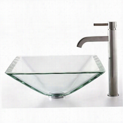 Kraus C-gvs-901-19mm-1007sn Clear Aquamarine Glass Vessel Sink And Ramus Faucet In Sain Nickel