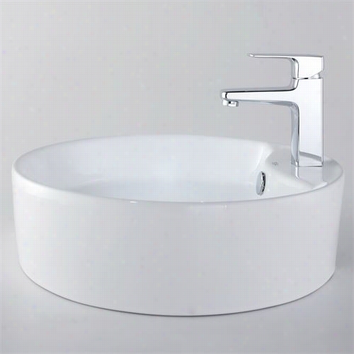 Kraus C-kcv-142=15501ch 18-1/2"&qu Ot;d White Round Ceramic Sink Ahd Virtus Basin Faucet In Chrome