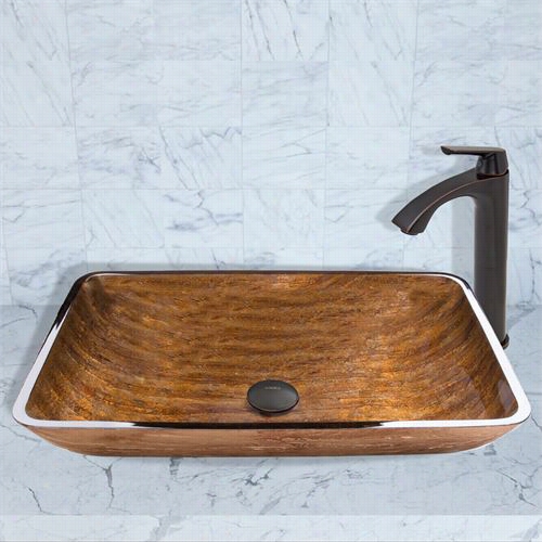 Vigo Vgt486 Rectangular Amebr Sunset Glass Vessel Sink And Linuz Faucet Set In Antique Rubbed Bronze