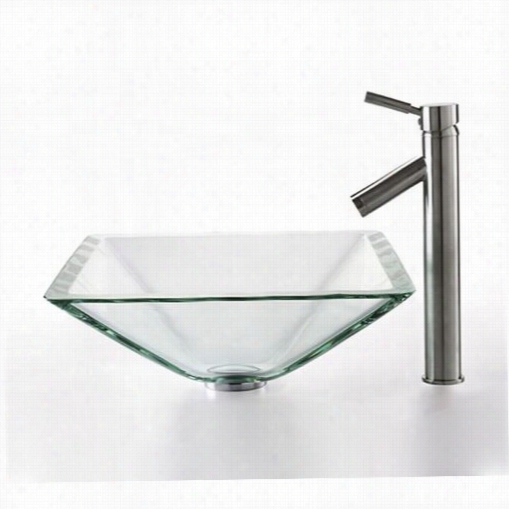 Kraus C-gvs-901-19mm-1002sn Clear Aquamarine Glass Vesxel Depress And Sheven Faucet In Satinn Ickel