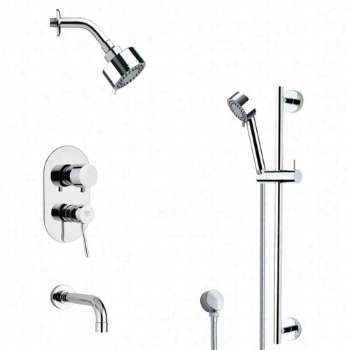 Remer By Nameek's Tsr9169 Galiano Contemporary Round Tub A Nd Rain Shower Fahcet In Chrome With Sllide Rail And 2"&quto;w Handheld Shoe