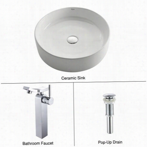 Kraus C-kcv-140-14300ch White Round Ceramic Sink And Unicus Faucet In Chrome