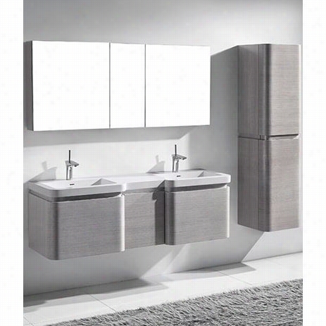 Madeli B930-24-002-ag(2)-uc930-12-007-ag-xte1820-60-210-wh Euro 60"" Double Sink Vanit  Y Ash Grey Wit Hxstone Glossy White Sigle Faucet Hoel Solid Surface To