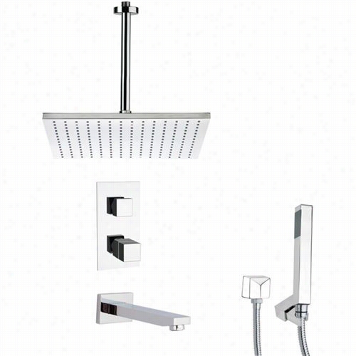 Remer By Nameek's Tsh4401 Tyga Thermostatic Square Tub And Shower Faucet In Chrome With Hand Shower