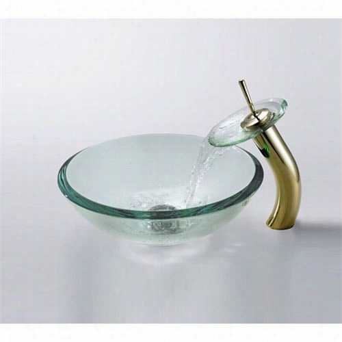 Kraus C-gv-101-19m M-10g 19mm Thick Clear Glass Vessel Sink And Waterfall Faucet In Gold