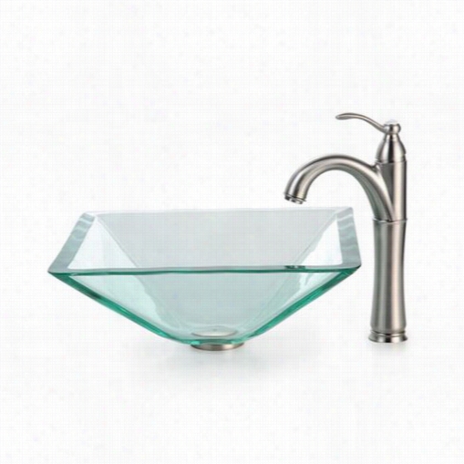 Kraus C-gvs-901-1mm-1005sn Clear Aquamarine Glass Vessel Sink And Riviera Faucet  In Satin Nickel