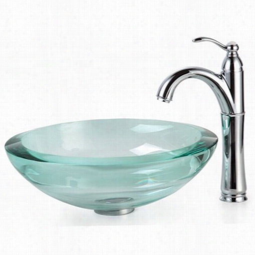 Kraus C-gv-150-19mm-1005ch 17"" Clear Glass Veessel Sink And  Riviera Faucet In Chrome