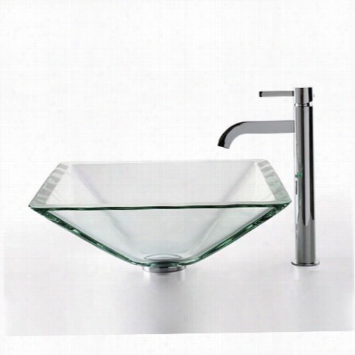 Kraus C-gvs-901-19mm-1007ch Clear Aquamarine Glass Ves Sel Sink And Ramus Faucet In Chrome