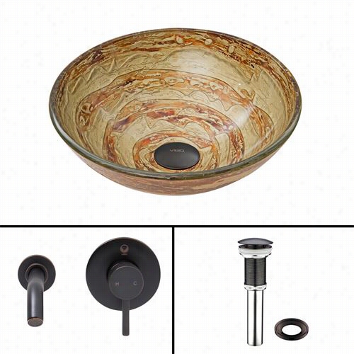 Vigo Vgt874 Mocha Swirl Glass Vessel Sink And Olus Wall Mount Faucet Set In Antique Rubbed Bronze