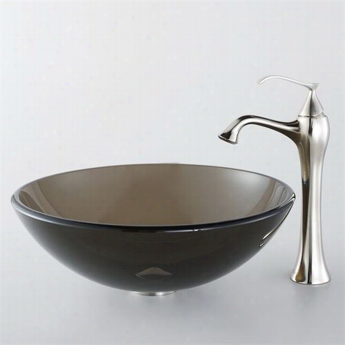 Kraus C-gv-103-12mm-15000bn Clear Brpwn Glass Vessel Sink And Ventus Faucet In Brushed Nickel