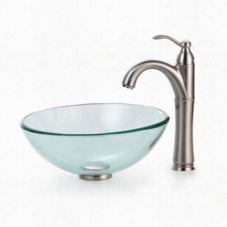 Karus C-gv-101-14-12mn -1005sn 14"" Clear Glass Vessel Sink And Riviera Faucet In Satin Nickel