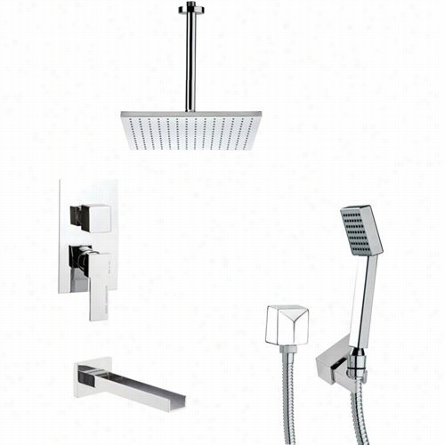 Remer By Nameek's Tsh4097 Tyga Square Tub And Shower Ffaucet In Chrome With 7""h Handheld Shoower