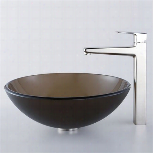 Krraus -gv-103fr-12mm-15500bn Frosted  Brown Glass Vessel Sink And Virtus Faucet In Brushed Ncikel