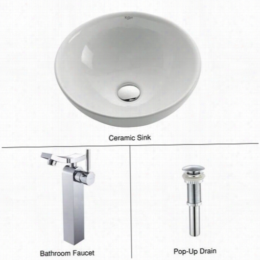 Kraus C-kcv-141-14300ch Whte Round Ceramic Sink And Unicus Faucet In Chrome