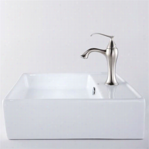 Kraus C-kcv-150-1500 1bn 18-3/5""l White Square Ceramaic Sink And Ventus Basin Faucet In Brushed Nickel