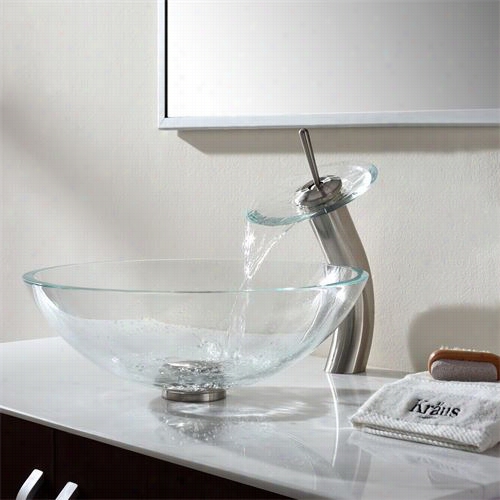 Kraus C-gv-100-12mm-10sn Crystal Clear Glass Vessel Sink And  Waterfall Faucet In Satin Nickel