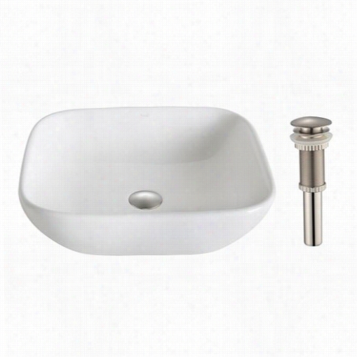 Kraus Kcv-127-bn Elavo Ceramic Soft Square Vessel Bathroom Sink In White With Pop-up Rdain