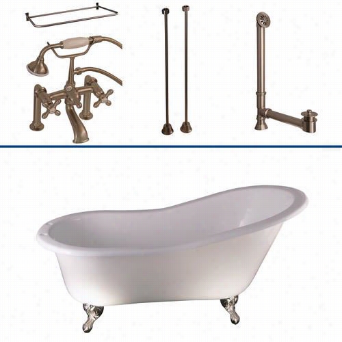 Barclay Tkcts7h67 67"" Cast Iron Slipper Bathfub Outfit In White With Metal Cross Handle And Rectangular D Shower Rod