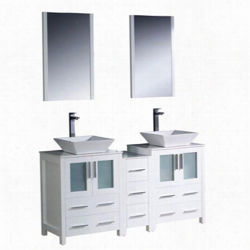 Fresca Fvn62-241224wh-vsl Torino 60&qu Ot;&quo T; Modern Double Sink Bathroom Vnaity In White With Side Cabinet And Vessel Sinkss - Vanity To Included