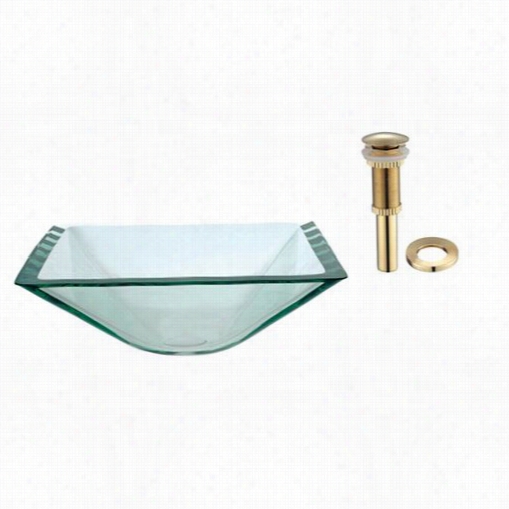 Kraus Gvs-90 1-19mm-g Aquamarine Square Clear Glass Vessel Sink With Pop Up Drain And Mounting Ring In Gold