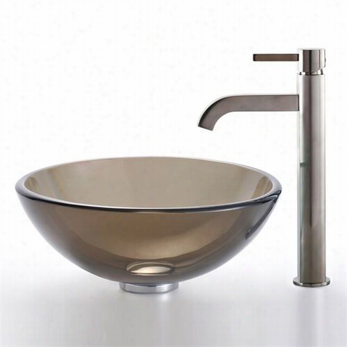 Kraus C-gv-103-14-12mm-1007sn 14"" Cl Ear Brown Glass Vessel Sink And Ramus Afucet In Satin Nickel