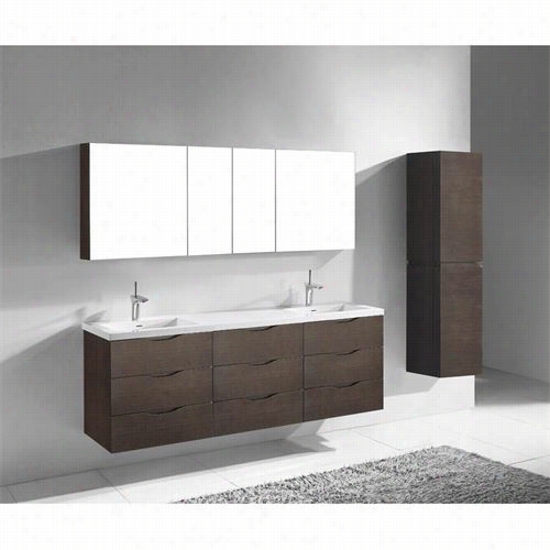 Madeli B100-72-002-wa-qsa1812-72-230-wh  Bolano 72"" Wall Hung Vanity In Walnut With White Quartzstone Highest Part And 3 Faucet Holesn O Backsplsah