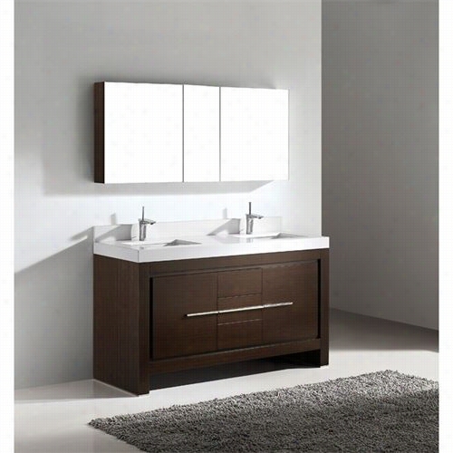 Madeli B999-60-001-wa-xtu2220-60-230-wh Vicenza 60"" Vanity In Walnut With Glossy White Solid Durface Xstone Tpo, 3 Faucet Holes And Overflow Basin