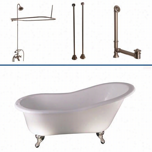 Barclay Tkcts7h6 7 67"&quott; Caast Iron Slipper Bathtub Kkit In White With Metal Cross Handle And Riser, Showerhead, Rec Tangular Shower Rod