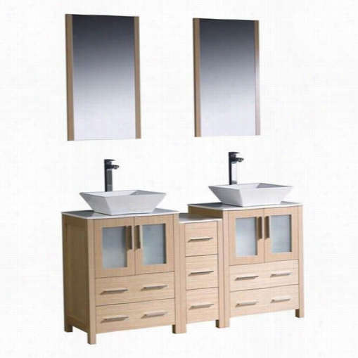 Fresca Fvn62-241224lo-vsl Torino 60" " Modern Doubble Sink Bathroom Vanity In Light Oak With Side Cabinnet And Vesssel Sinks - Vanity Top Included