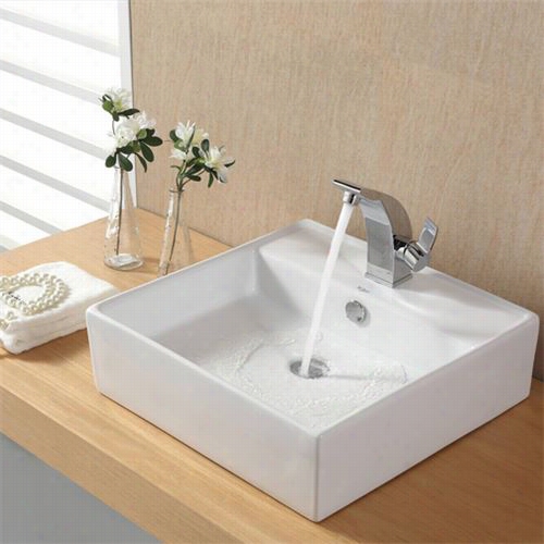Kraus C-kcv-150-14701 White Square Ceramic Sink And Illusio Faucet