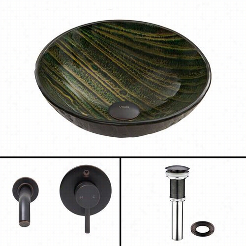 Vigo Vgt845 Green Asteroid Glass Vessel Sink And Olus Wall Mount Faucet Set In Antique Rubbed Bronze