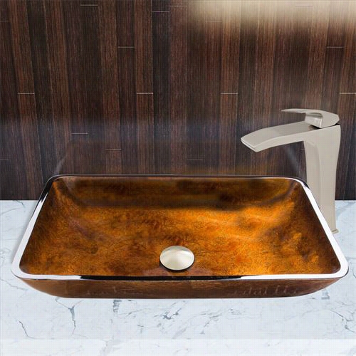 Vigo Vgt911 Rectangular Russet Glass Vesesl Sink And Blackstonian Fa U Cet Set In Brushed Nickel